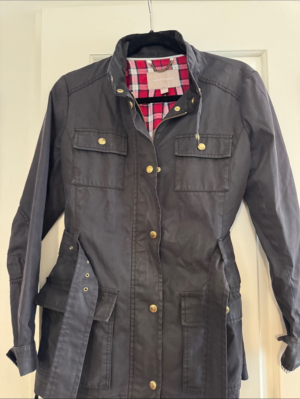Banana Republic Charcoal Utility Jacket with Pink Plaid Lining